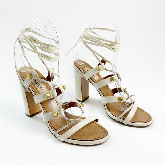Valentino Garavani Shoes - VALENTINO Rockstud White Gladiator Heels Size 37 Sandal Ankle Wrap Tie Lace Up